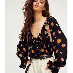 Free People Cottagecore Boho Bodysuit Black Floral Lace Ruffle Top Size Med